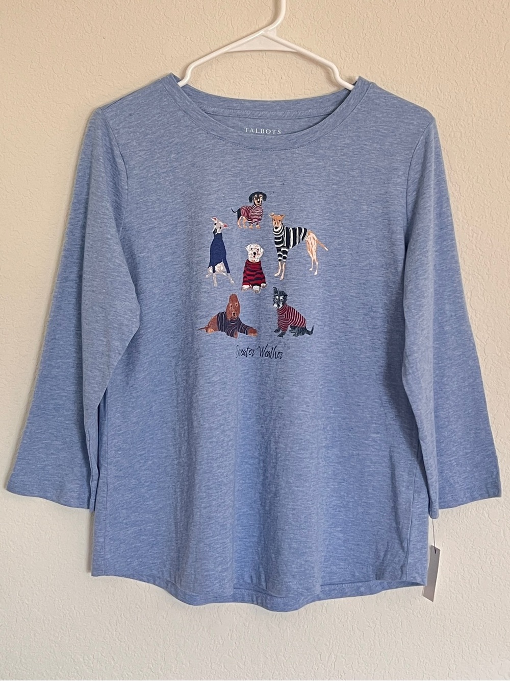 Talbots Light Blue Fall Dogs Crewneck Long Sleeve Top Tee Medium Petite Cotton